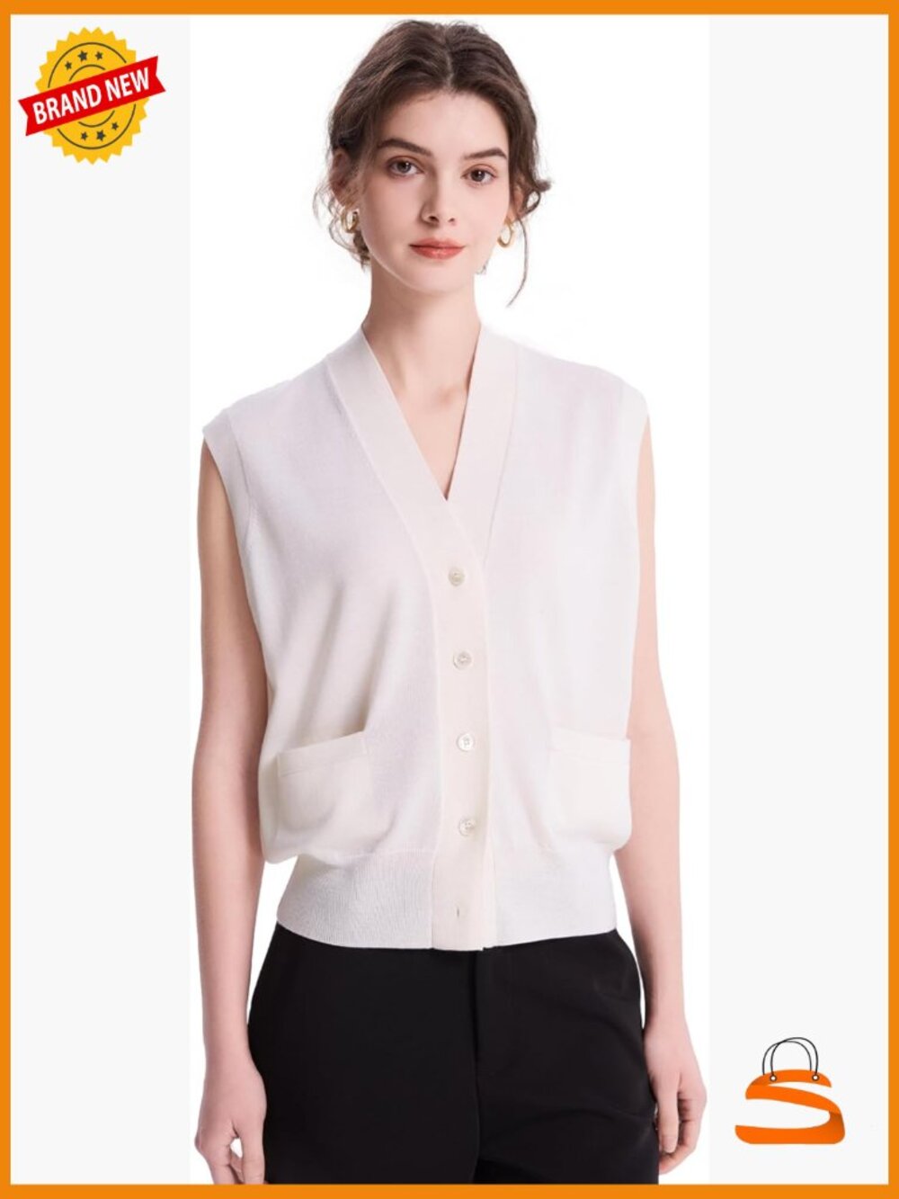 V Neck Sleeveless Merino Wool Vest Button Down Pockets Womens Top